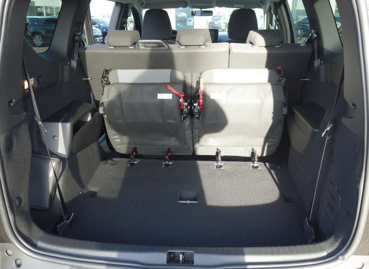 Kofferraum eines Vans mit umgeklappten Rücksitzen und großem Laderaum