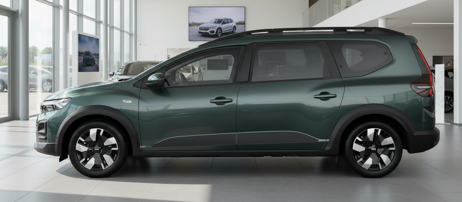 Dacia Jogger in Grün Seitenansicht im Autohaus Showroom