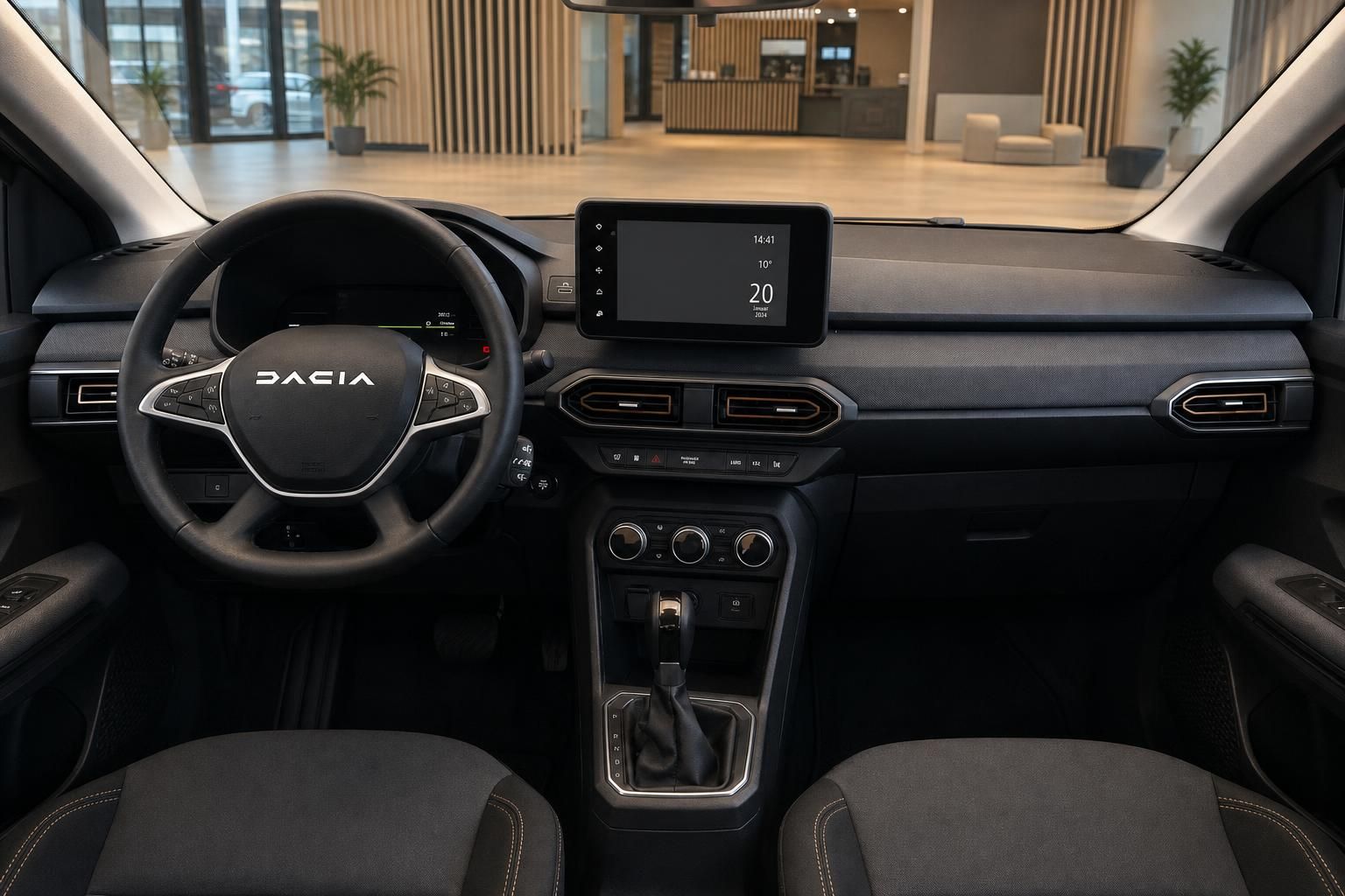 Dacia Innenraum mit schwarzem Armaturenbrett, Lenkrad und Touchscreen-Display