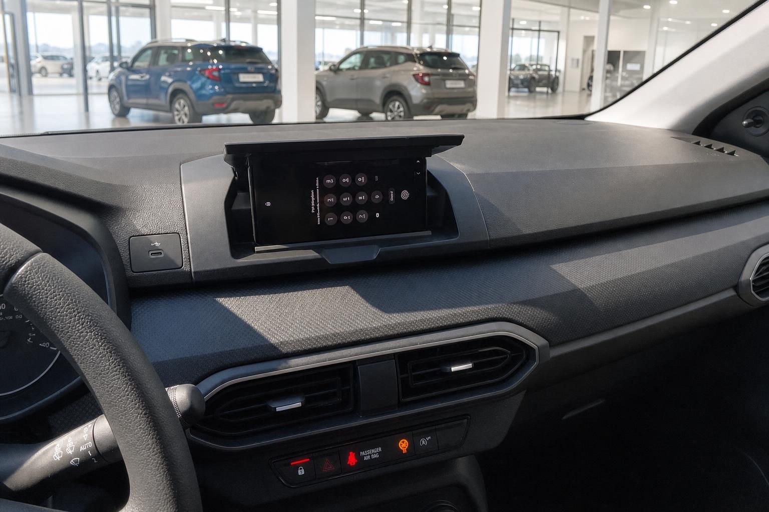 Fahrzeug-Infotainmentsystem und Mittelkonsole im Dacia - Innenraumdetail