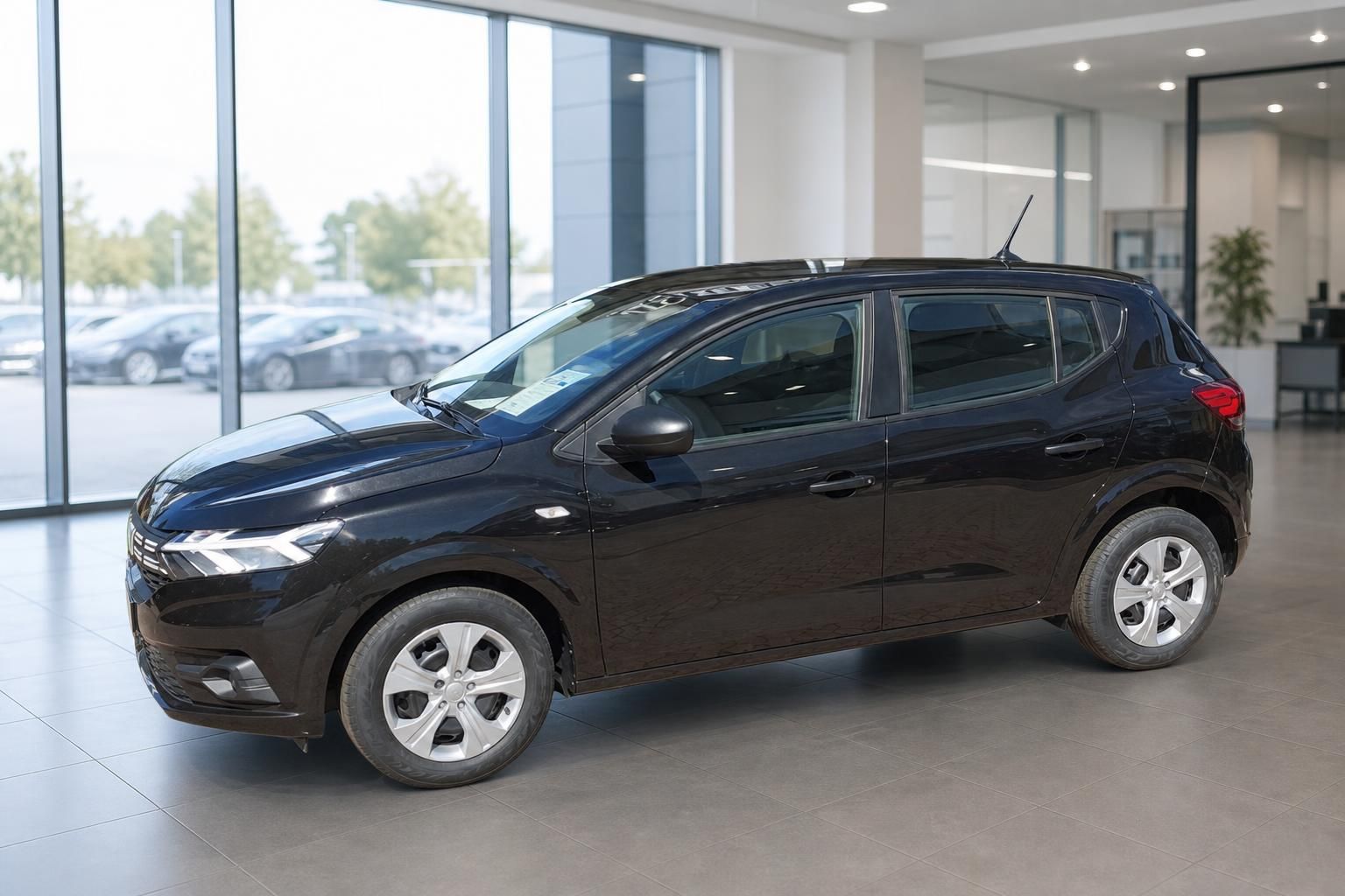 Dacia Sandero schwarz Seitenansicht im Autohaus Showroom
