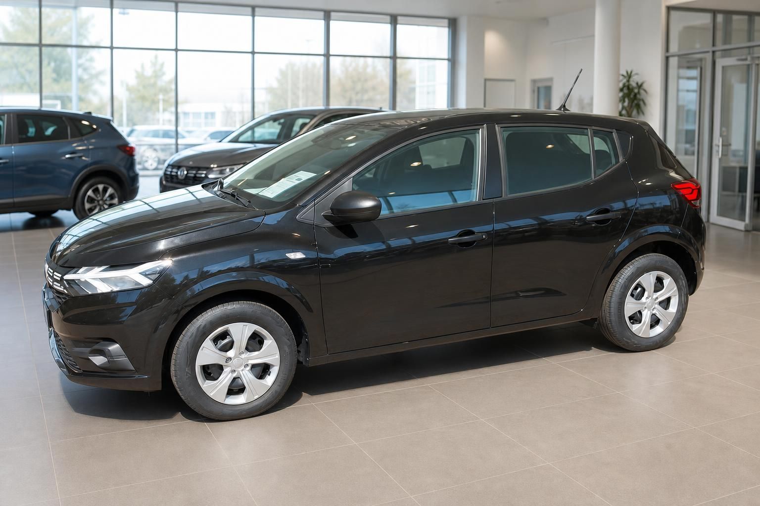 Dacia Sandero schwarz Dreiviertelansicht vorne im modernen Autohaus