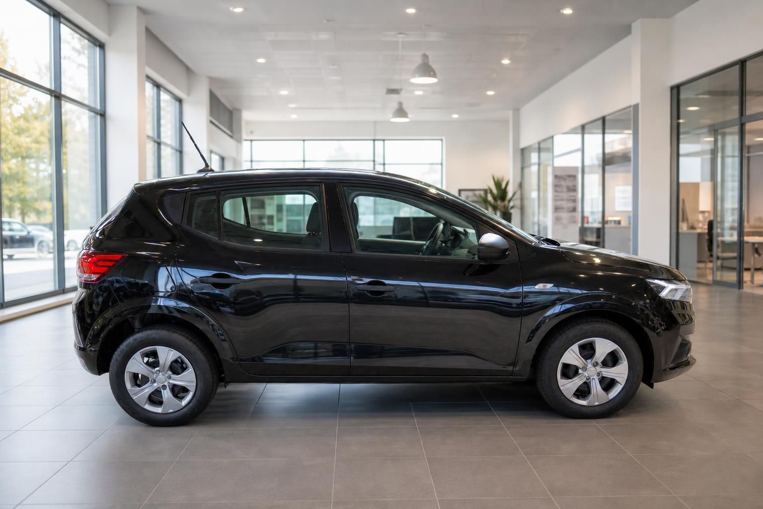 Schwarzer Dacia Sandero Seitenansicht im Autohaus - moderner Kleinwagen mit silbernen Felgen