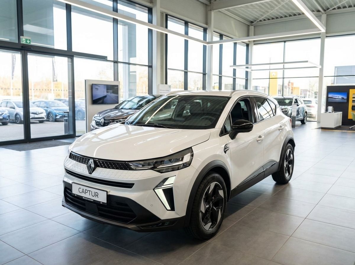 Renault Captur Facelift 2024 in Weiß im Autohaus Showroom – kompakter SUV Frontansicht