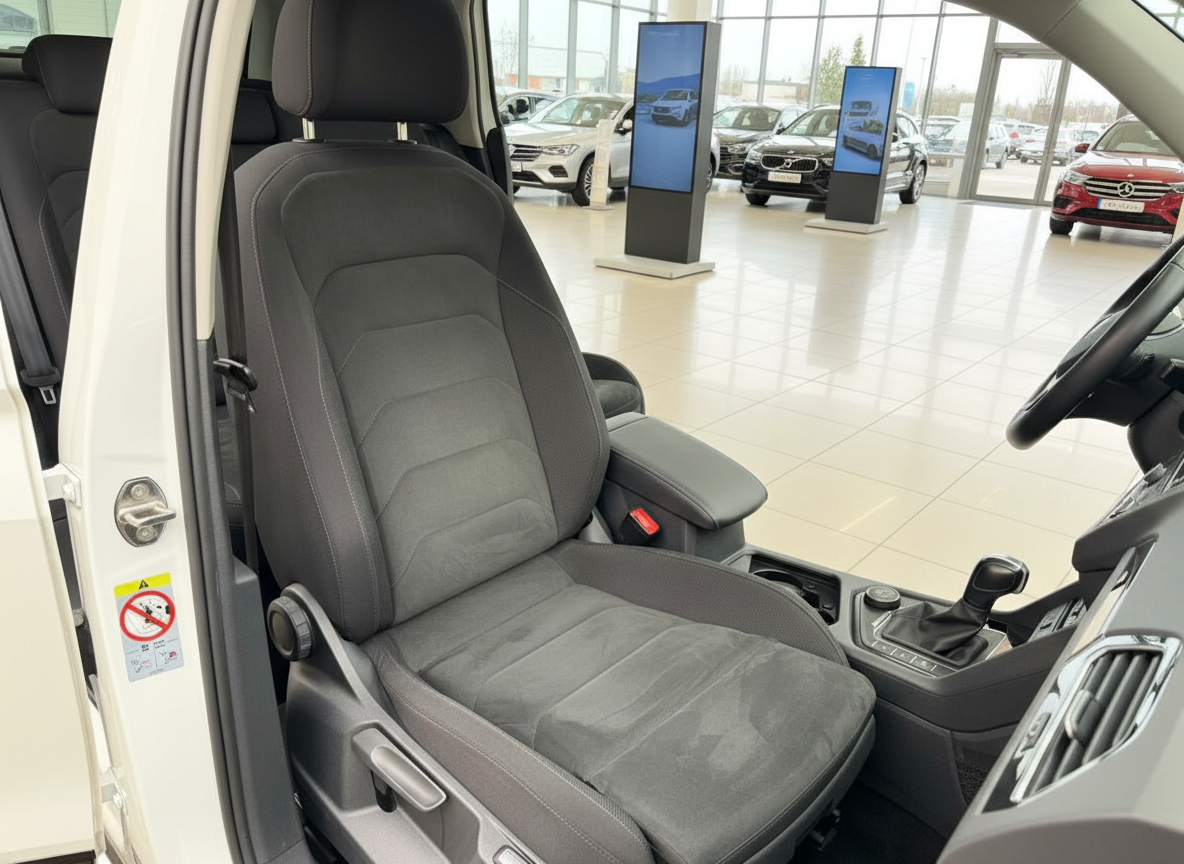 Volkswagen Innenraum Fahrersitz mit Alcantara-Bezug und Schaltgetriebe im Autohaus