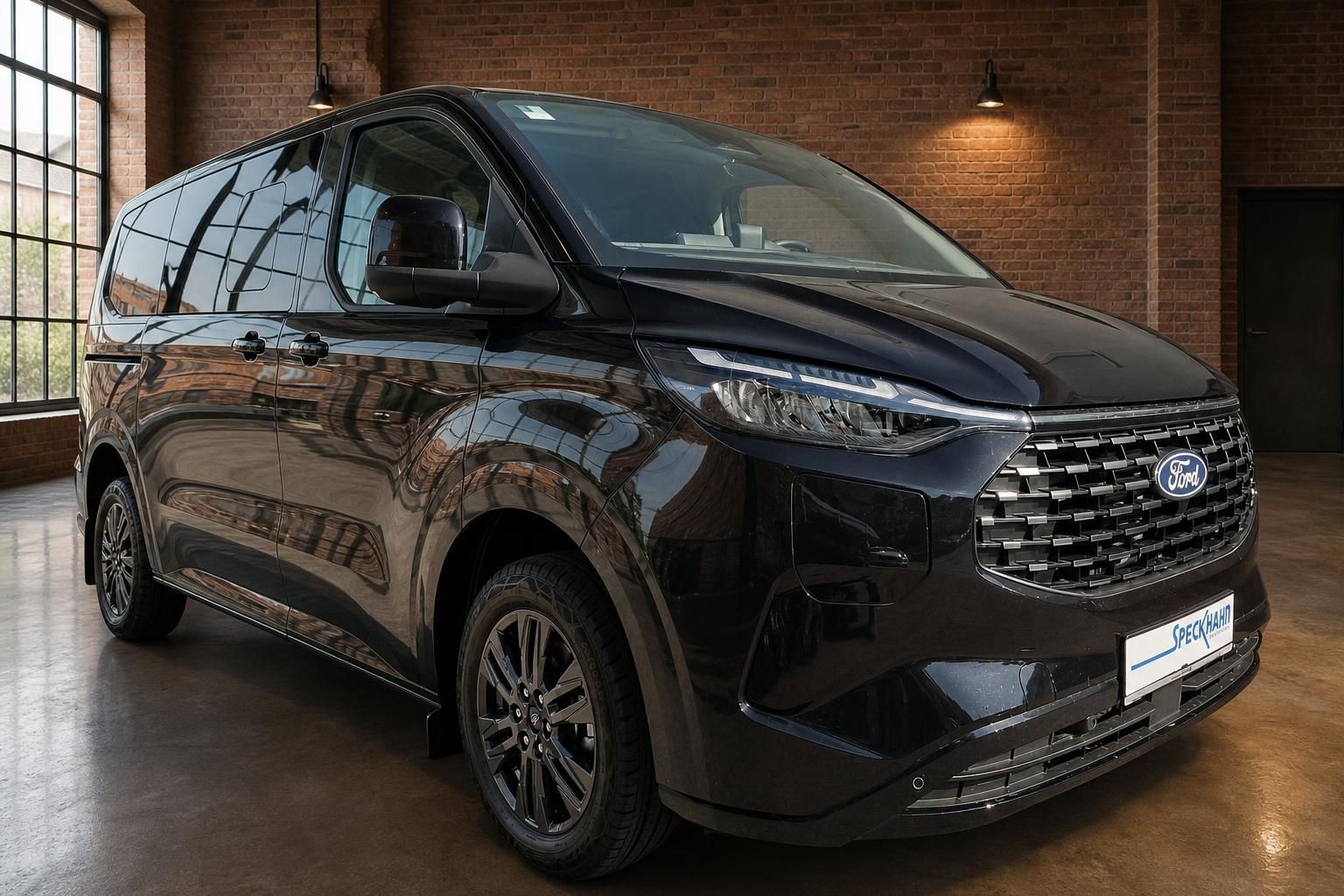 Ford Tourneo Custom schwarz Frontansicht mit Ford Logo Showroom