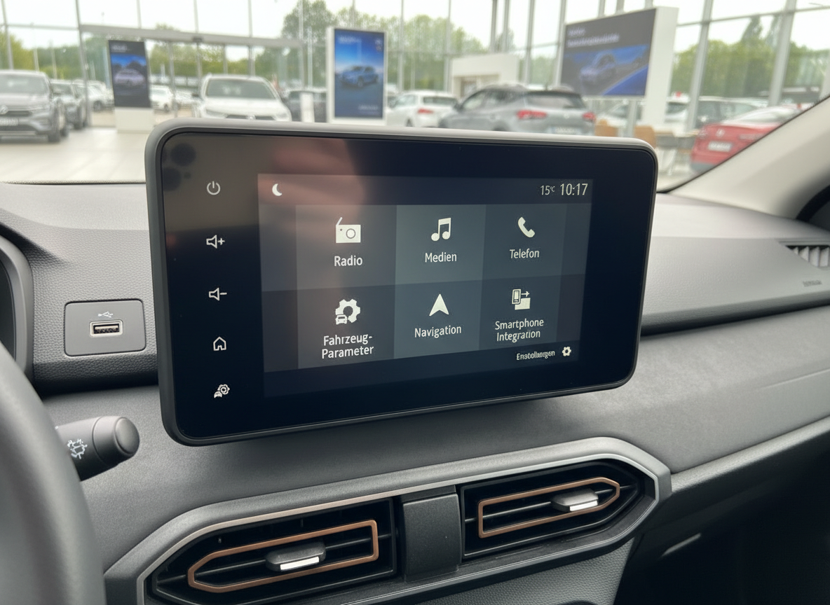 Infotainment-Touchscreen im Dacia Fahrzeug mit Radio Navigation und Smartphone Integration