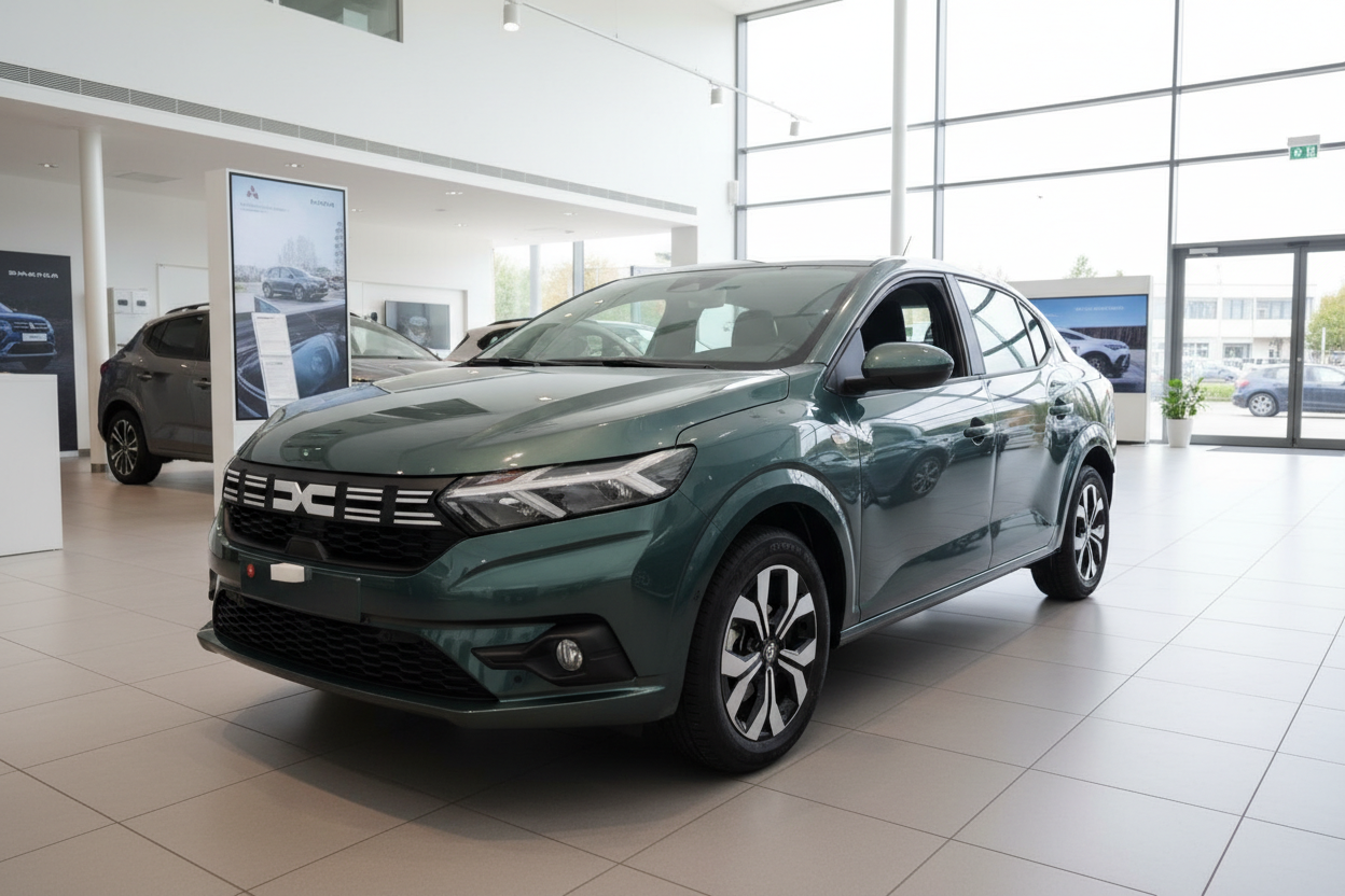 Dacia Logan in Dunkelgrün im Autohaus-Showroom, Frontansicht schräg links