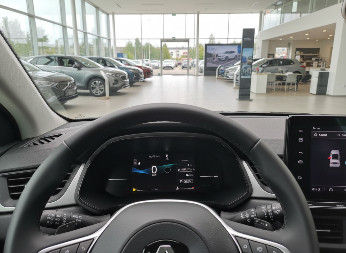 Renault Innenraum mit digitalem Cockpit und Infotainment-Display im Autohaus