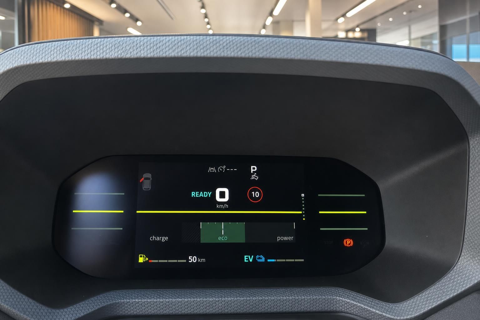 Digitales Kombiinstrument eines Elektrofahrzeugs mit Eco-Modus und Reichweitenanzeige von 50 km