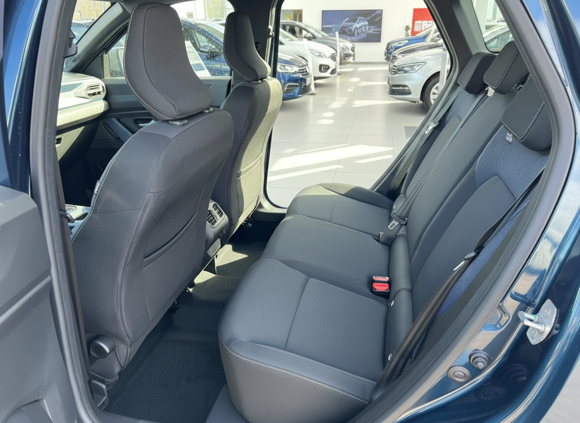 Geräumiger Innenraum Rücksitzbank mit schwarzen Stoffsitzen und Sicherheitsgurten im Autohaus