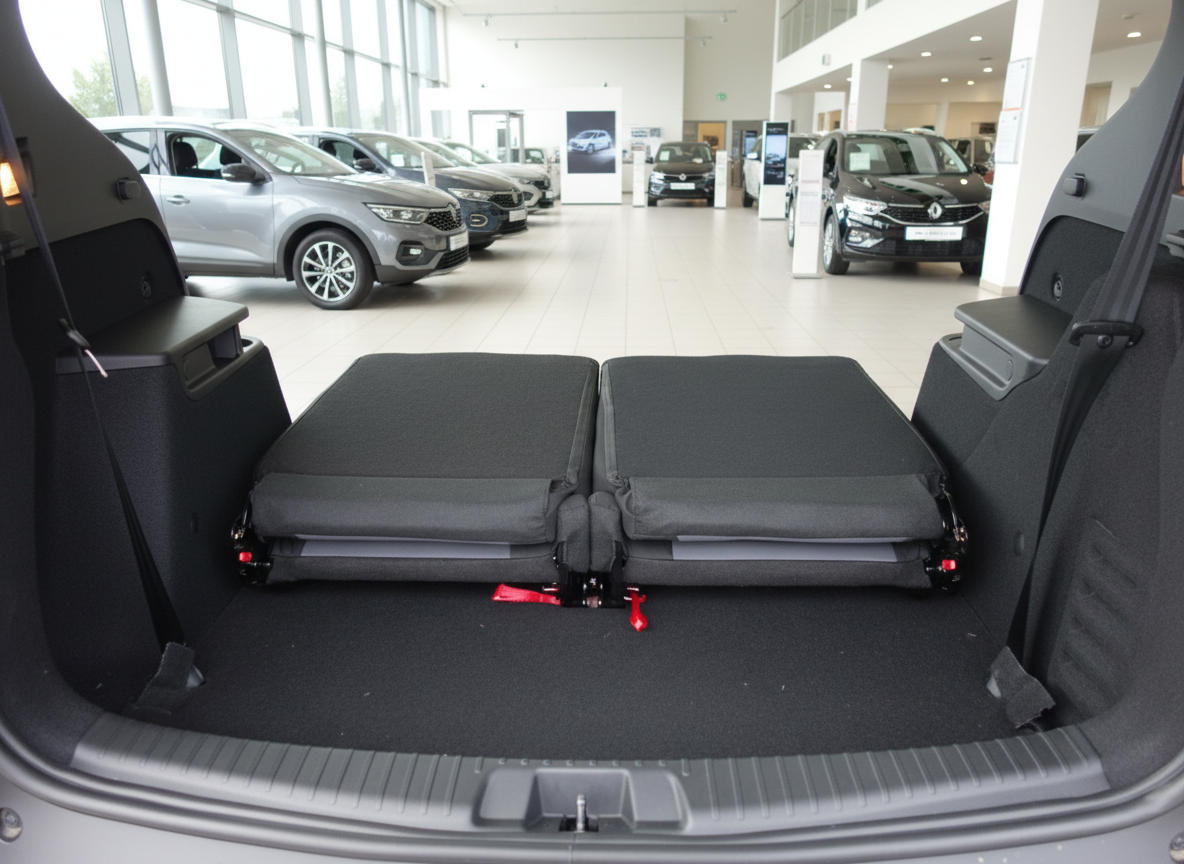 Kofferraum eines Renault mit umgeklappten Rücksitzen im Autohaus – maximaler Laderaum