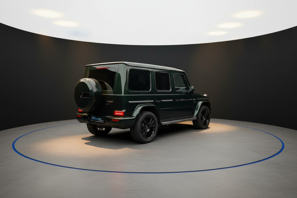 Mercedes-Benz G-Klasse AMG in Dunkelgrün, Heckansicht im Fotostudio