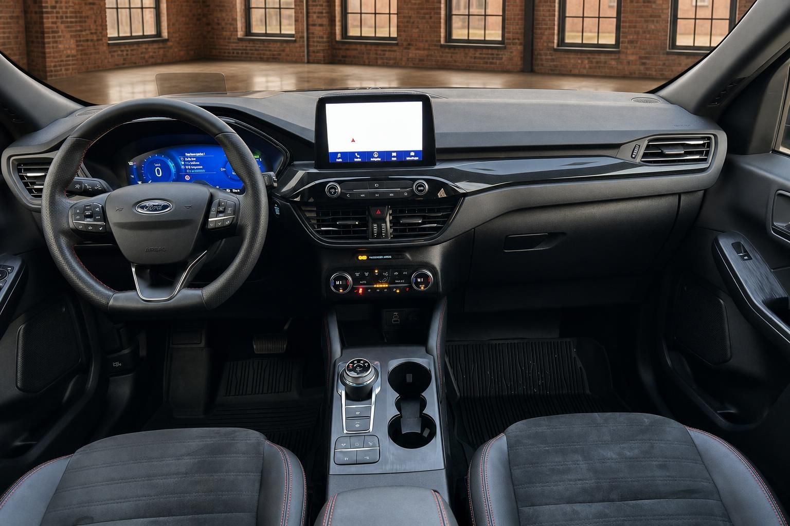 Ford Cockpit mit Lenkrad, Digitaltacho und Touchscreen im Detail