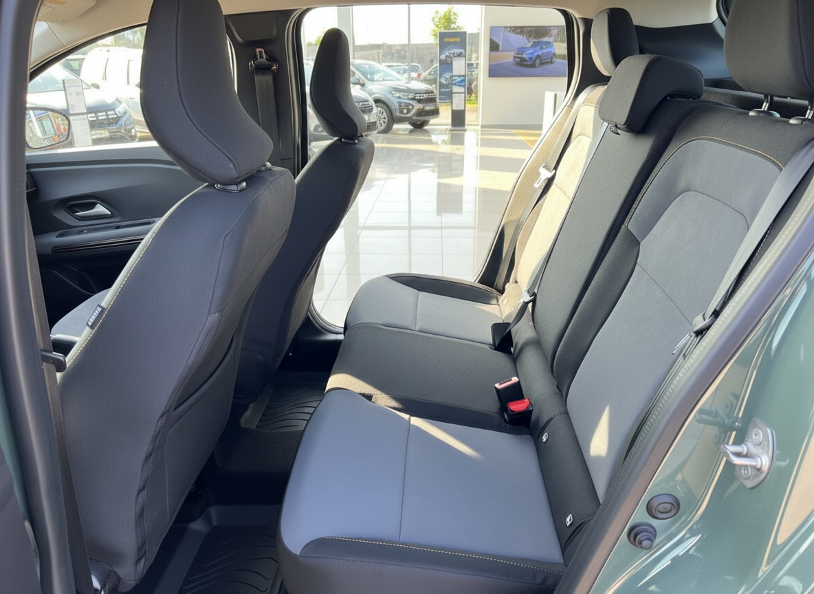 Fahrzeug Innenraum Rücksitzbank mit schwarzen Stoffsitzen und Sicherheitsgurten