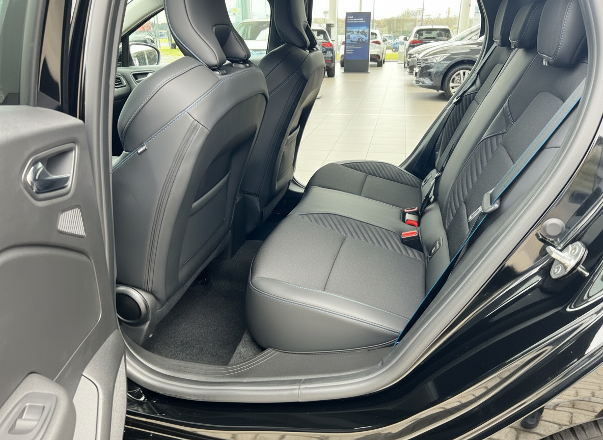 Schwarzes Fahrzeug Innenraum Rücksitzbank mit schwarzem Leder und blauen Ziernähten im Autohaus