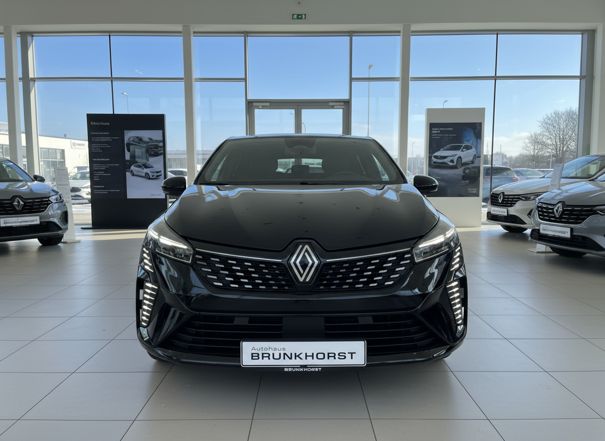 Schwarzer Renault Clio Frontansicht im Autohaus Brunkhorst Showroom