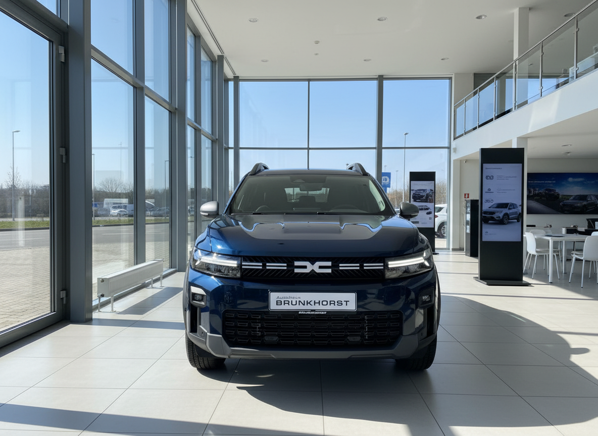 Dacia Duster SUV in Dunkelblau Frontansicht im Autohaus Brunkhorst Showroom