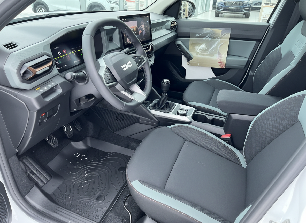Dacia Innenraum mit Lenkrad, Infotainment-Display und Schaltgetriebe – modernes SUV Cockpit