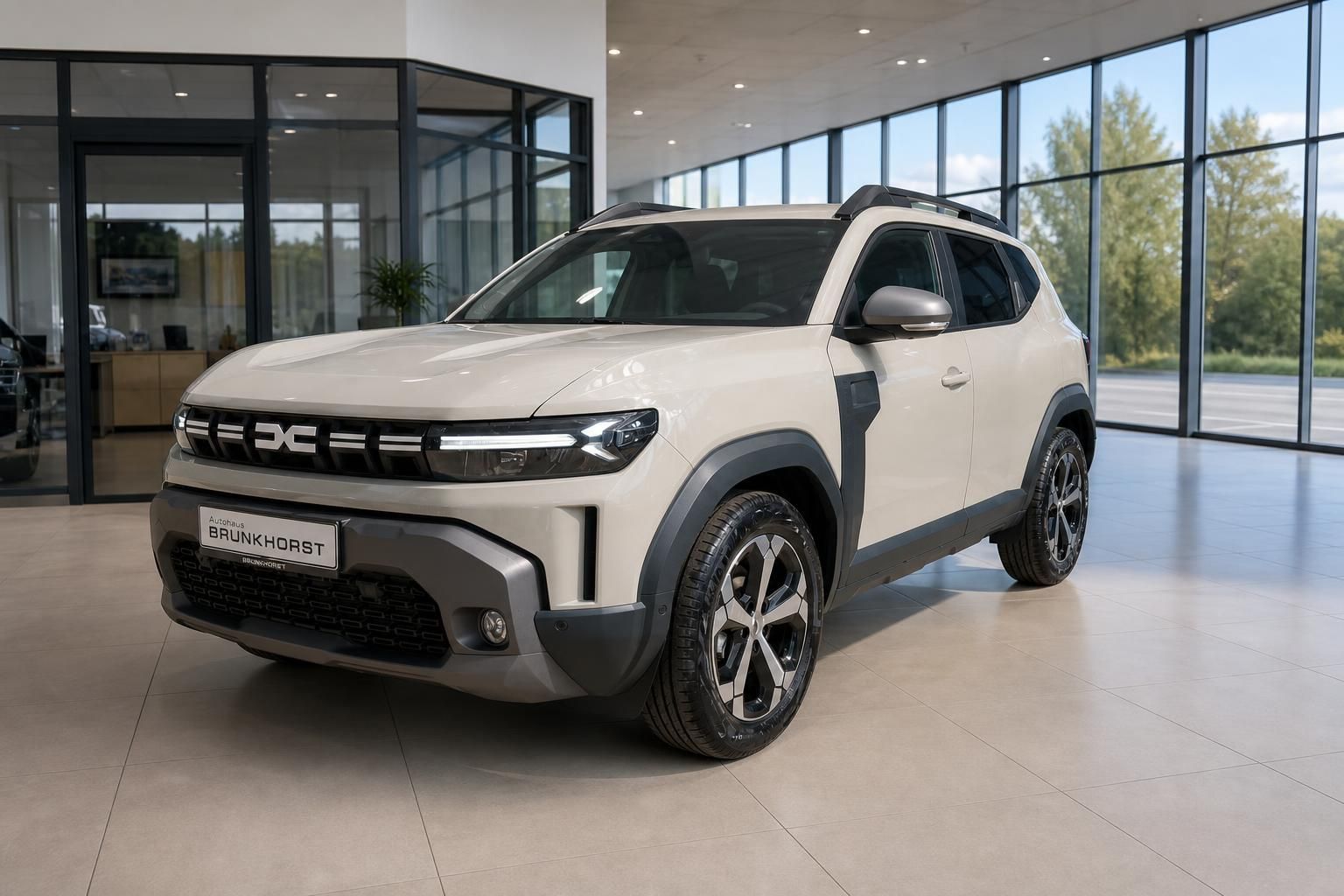 Dacia SUV in weiß von vorne links im Autohaus Showroom - moderne Fahrzeugfront mit DC Logo