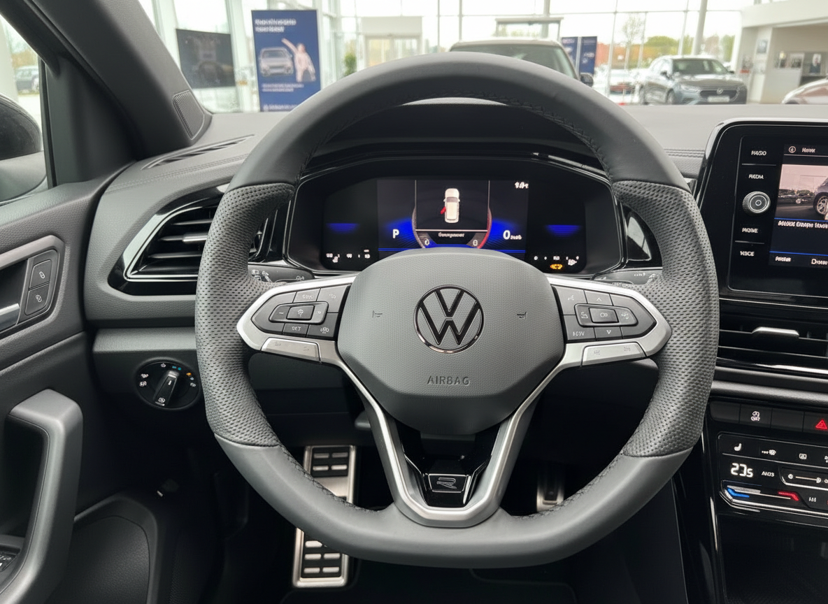 Volkswagen R-Line Innenraum mit Lenkrad, digitalem Cockpit und Infotainment-System
