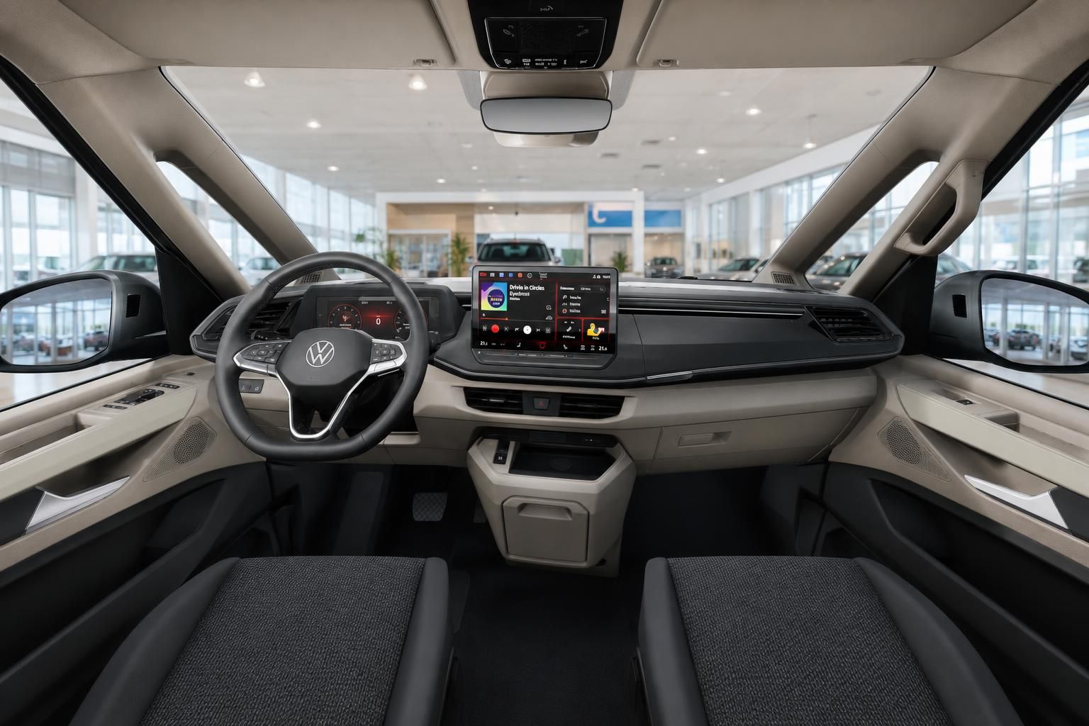 VW Multivan Innenraum mit Cockpit, Lenkrad und Touchscreen