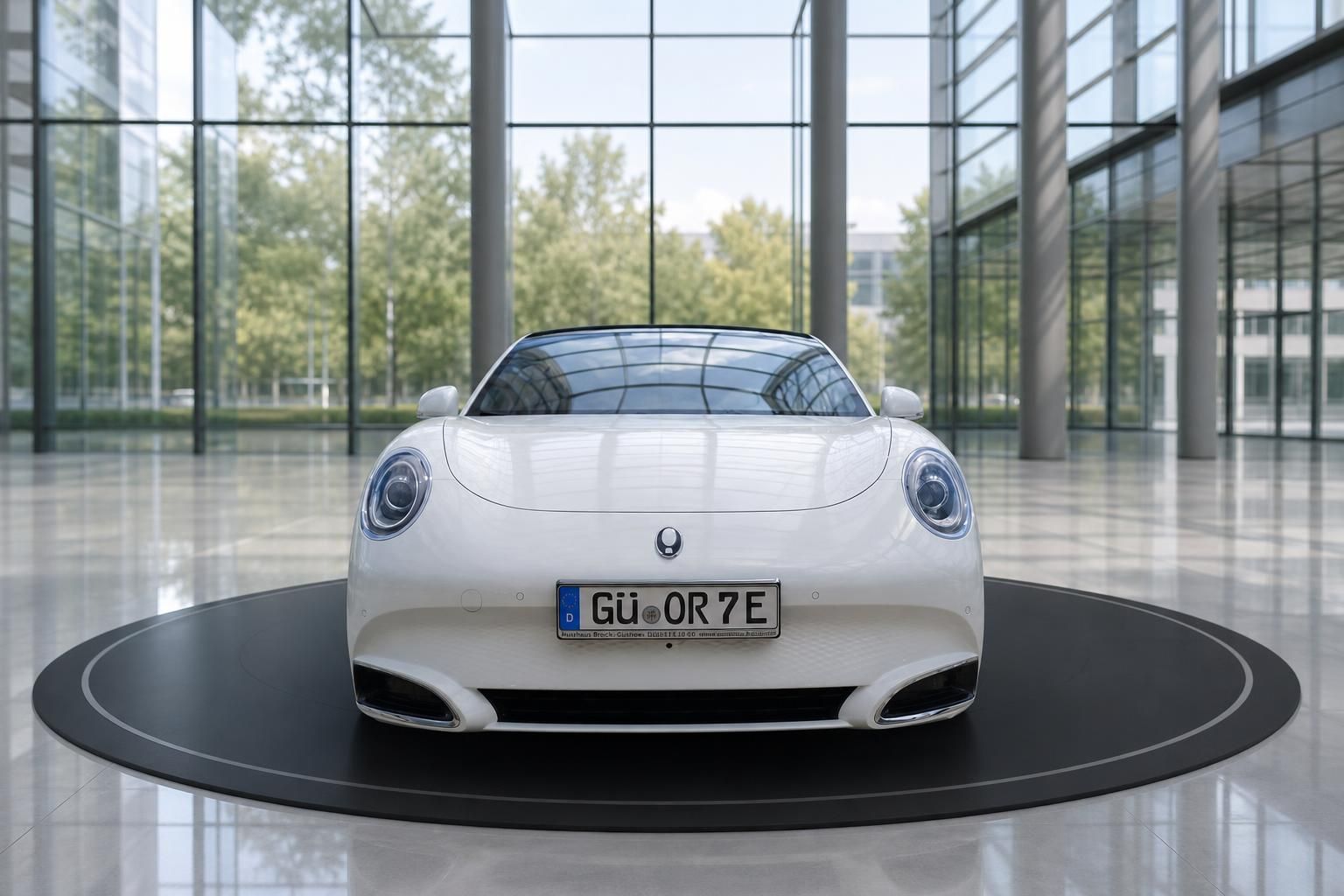 GWM ORA Elektroauto weiß Frontansicht im Showroom mit Kennzeichen GÜ OR 7E