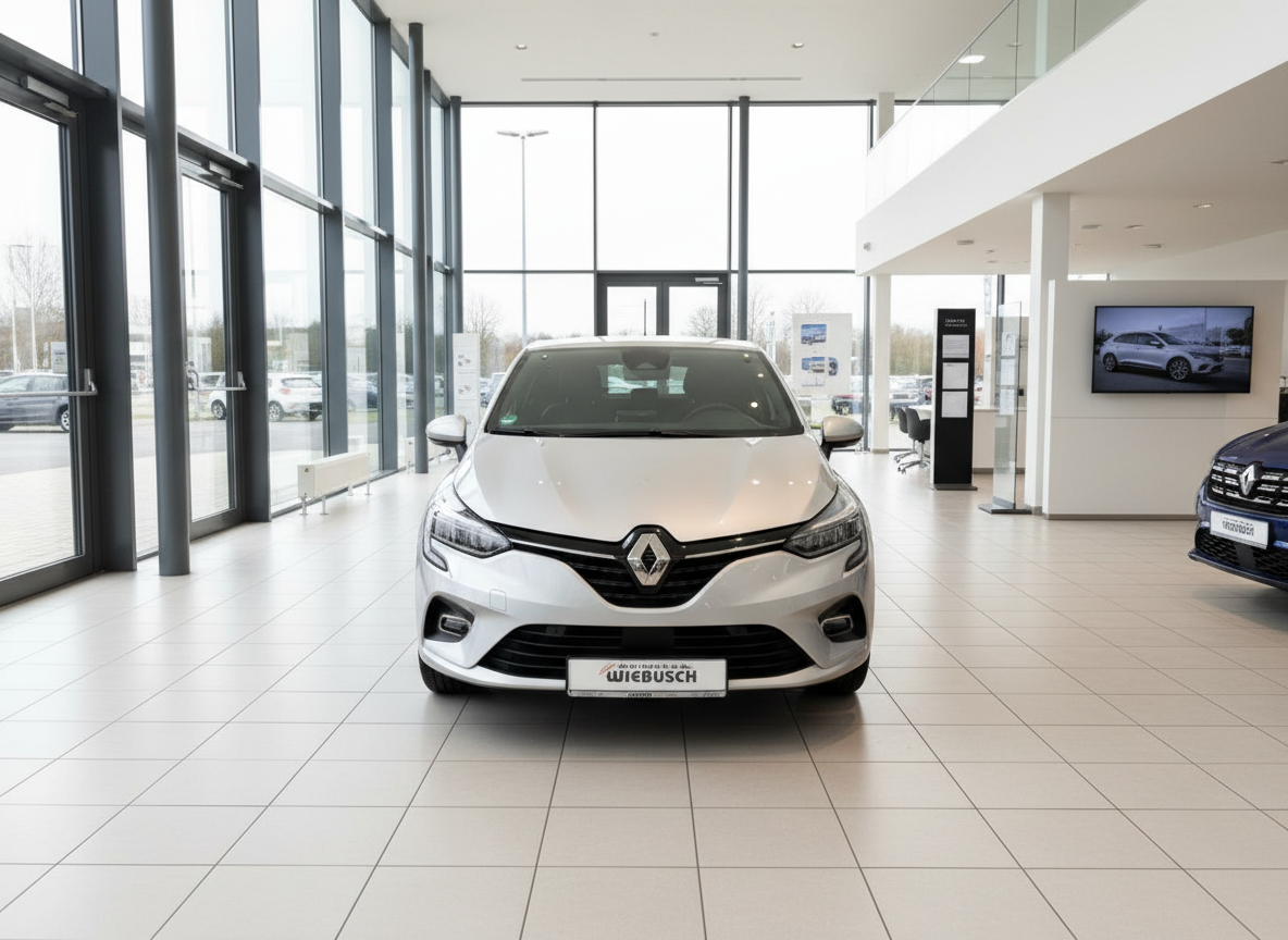 Silberner Renault Clio Frontansicht im Autohaus Wiebusch Showroom