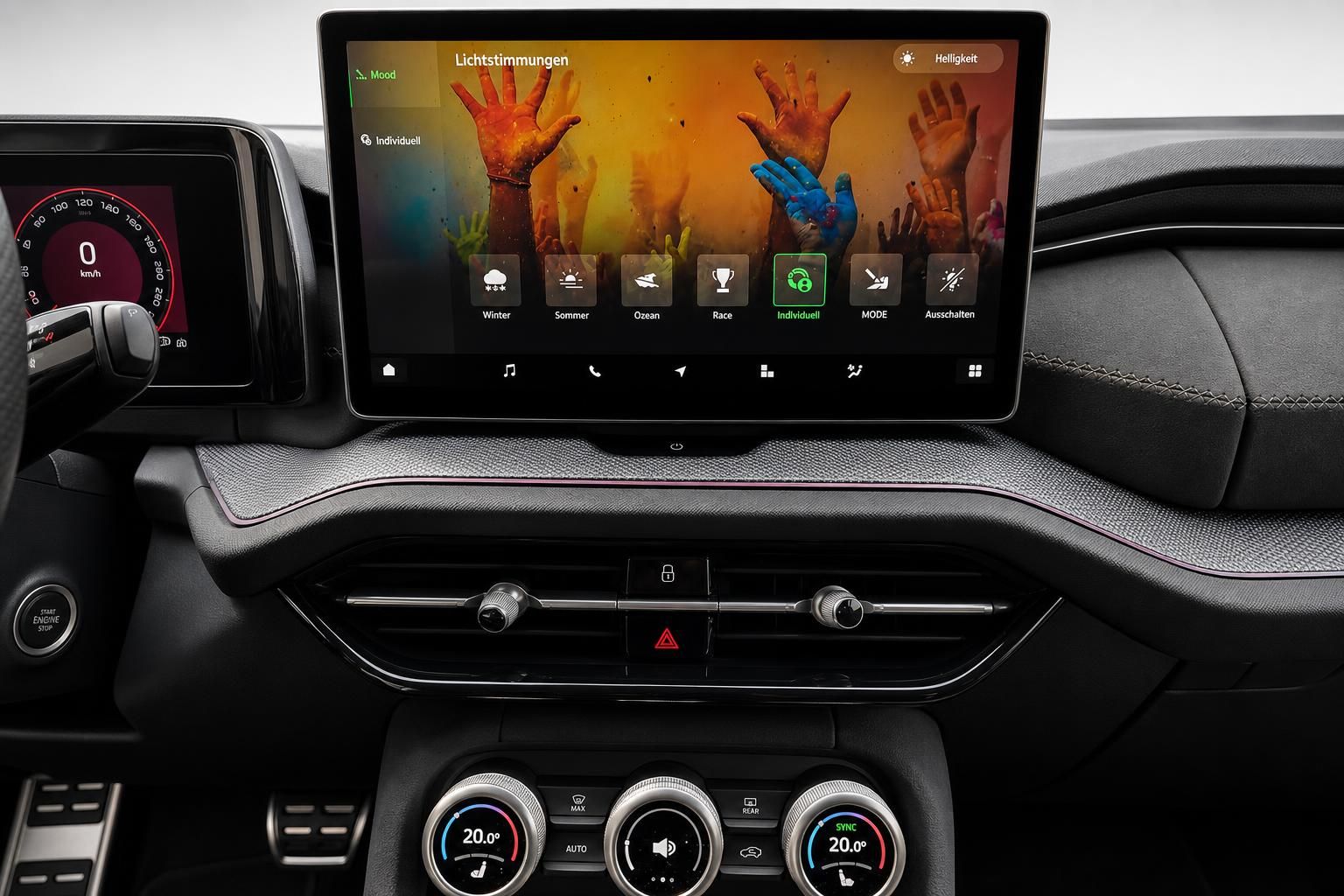 Infotainment Bildschirm mit Lichtstimmungen Menü im Skoda Cockpit