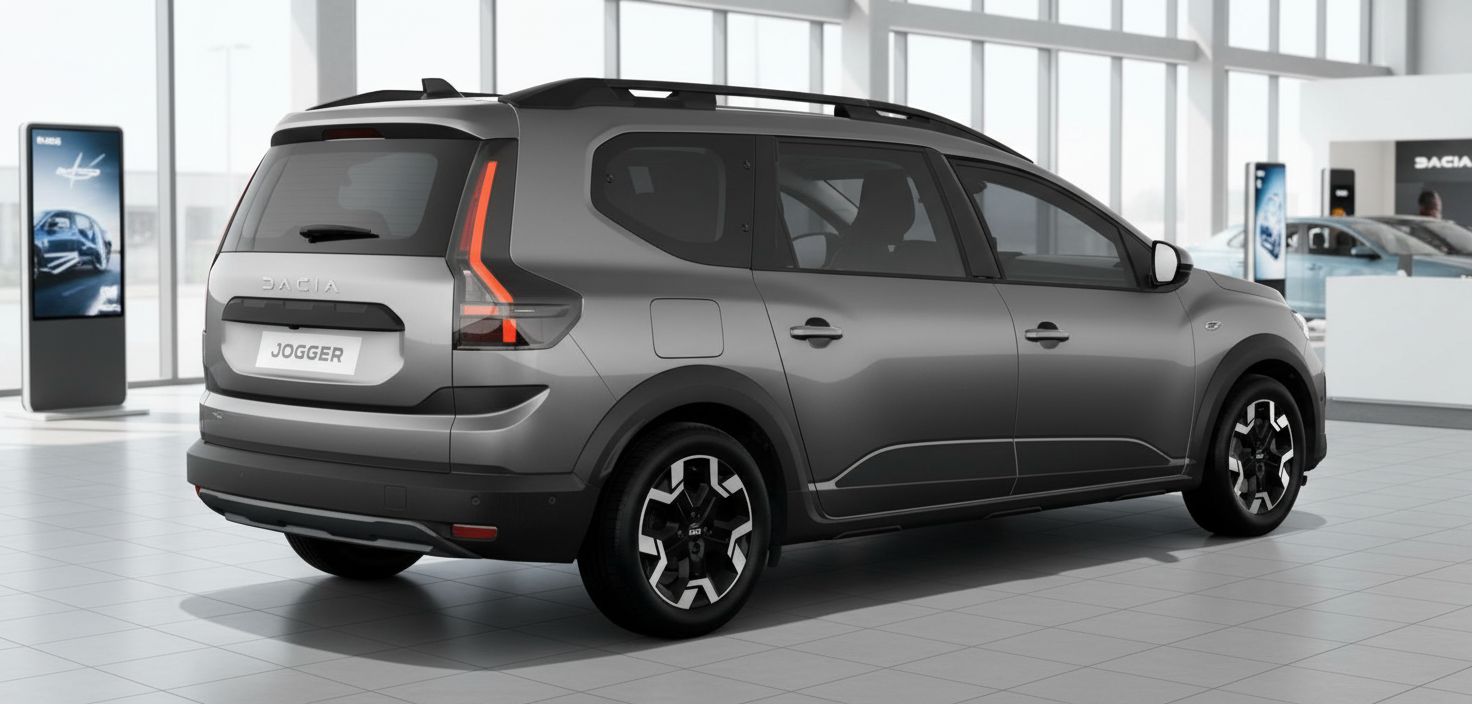 Dacia Jogger in Grau – Heckansicht im Showroom, 7-Sitzer Familienkombi