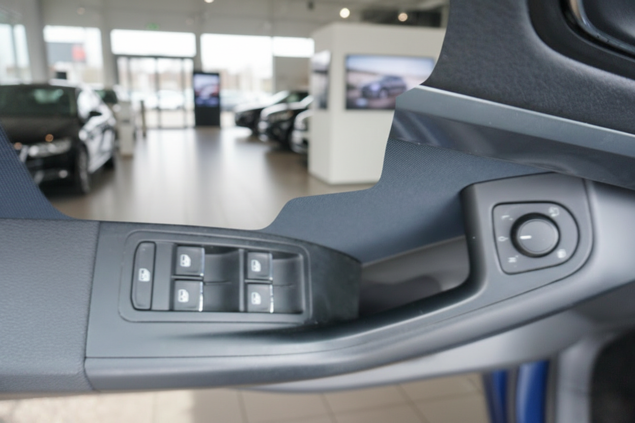Fahrzeugtür Innenraum mit Fensterheber-Schaltern und Spiegelverstellung im Autohaus