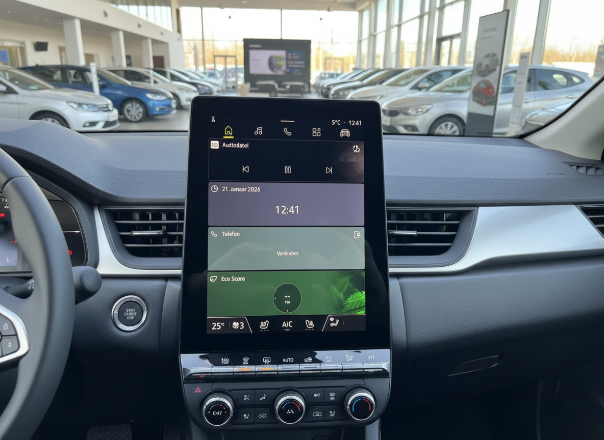 Renault Arkana Innenraum mit großem Touchscreen-Infotainmentsystem im Autohaus