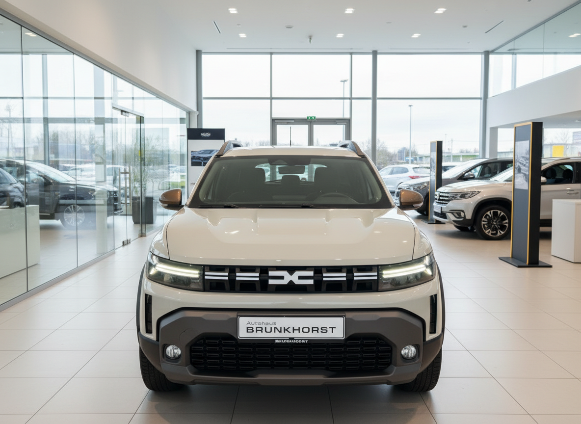 Dacia Duster SUV Frontansicht in Beige im Autohaus Brunkhorst Showroom