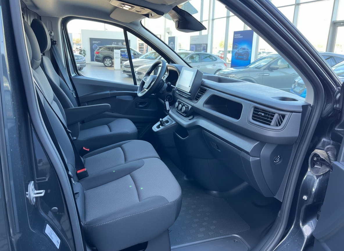 Innenraum eines Nutzfahrzeugs mit grauem Stoffsitz, Touchscreen-Infotainment und modernem Armaturenbrett