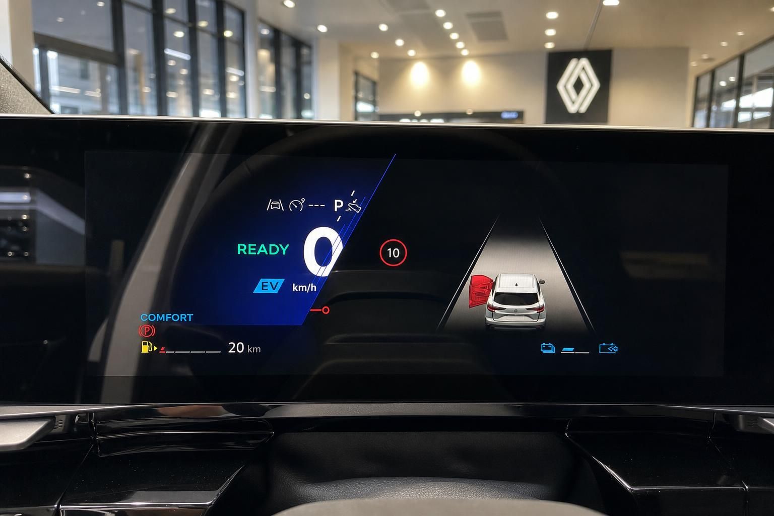 Digitales Kombiinstrument eines Elektrofahrzeugs mit Fahrbereitschaftsanzeige und Tempolimit