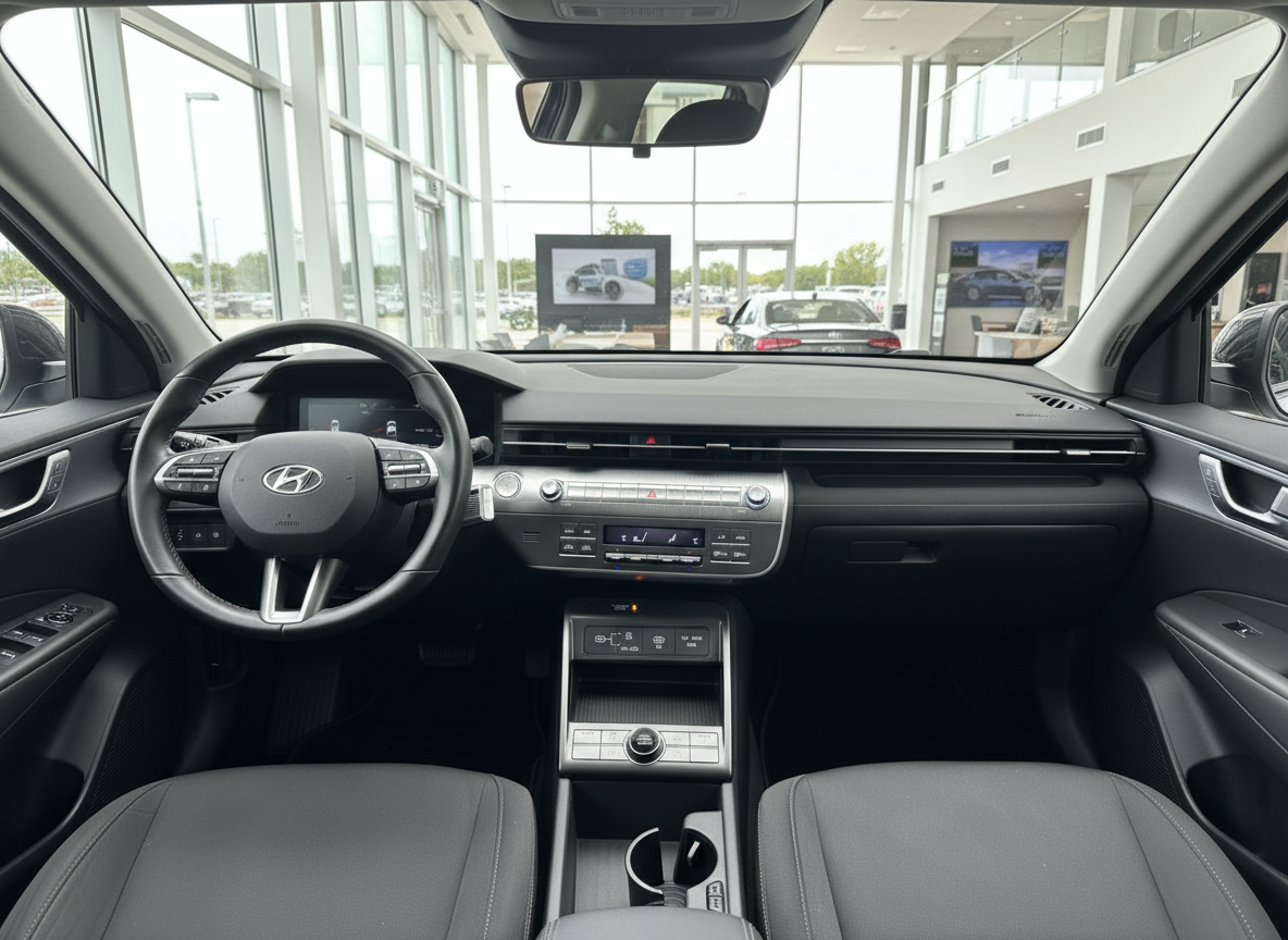 Hyundai Innenraum mit Lenkrad, Cockpit und Mittelkonsole in grauem Design