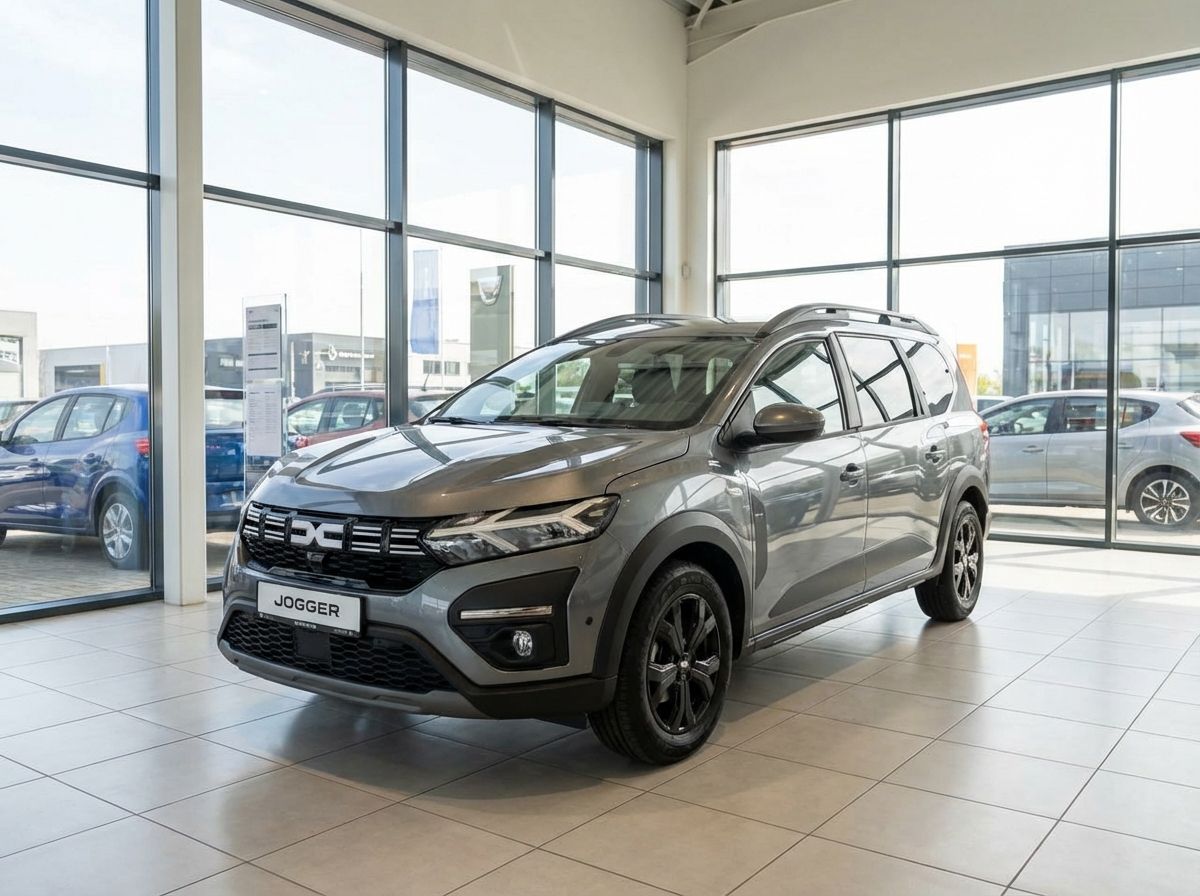 Dacia Jogger in Grau im Autohaus-Showroom mit schwarzen Felgen und Dachreling