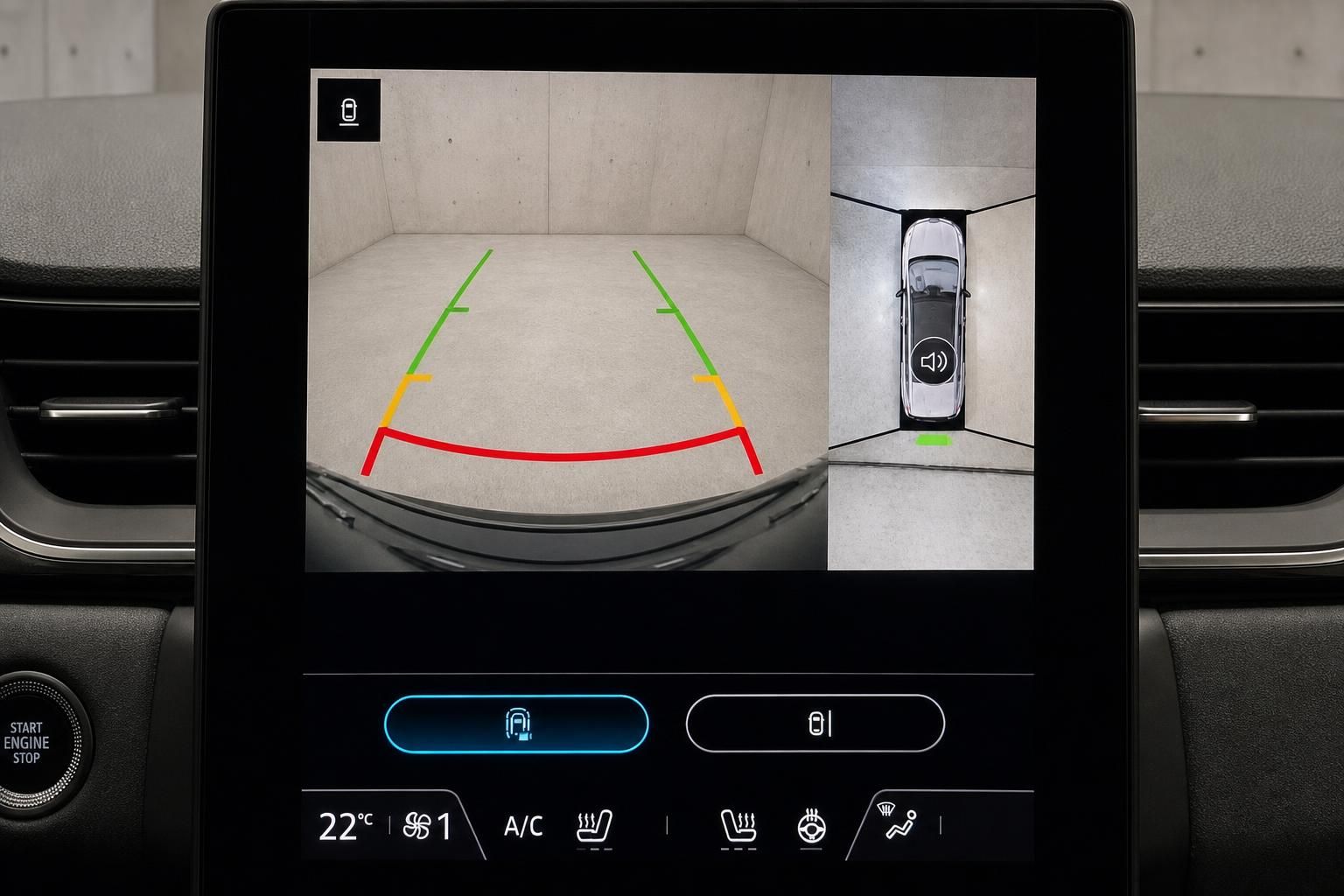 360-Grad-Kamera-Anzeige mit Einparkhilfe auf dem Infotainment-Display