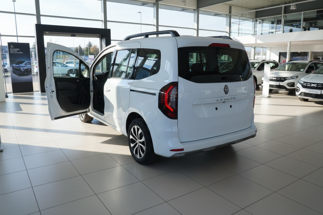 Renault Kangoo Maxi in Weiß im Autohaus – Seitenansicht mit geöffneter Schiebetür