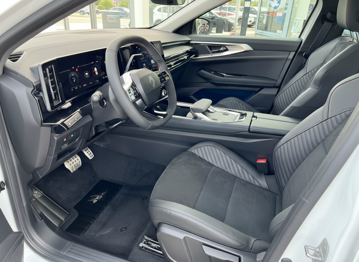 Renault Innenraum mit schwarzen Ledersitzen, digitalem Cockpit und modernem Lenkrad