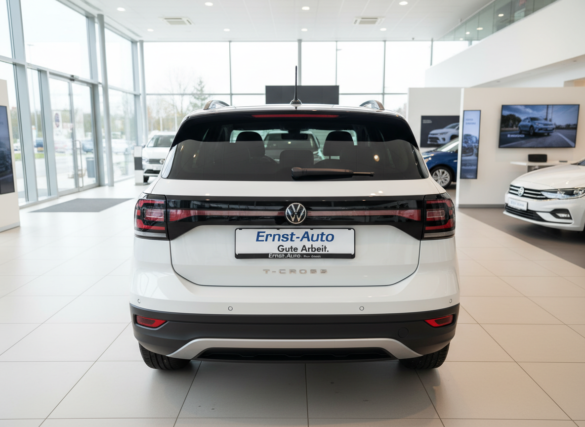 Volkswagen T-Cross in Weiß Heckansicht im Autohaus Ernst-Auto Showroom