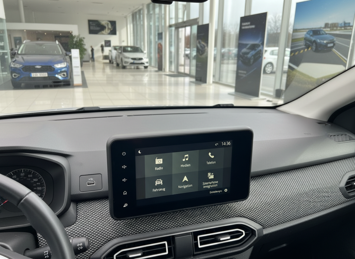 Dacia Innenraum mit Infotainment-Display im Autohaus – Navigation, Radio und Smartphone-Integration