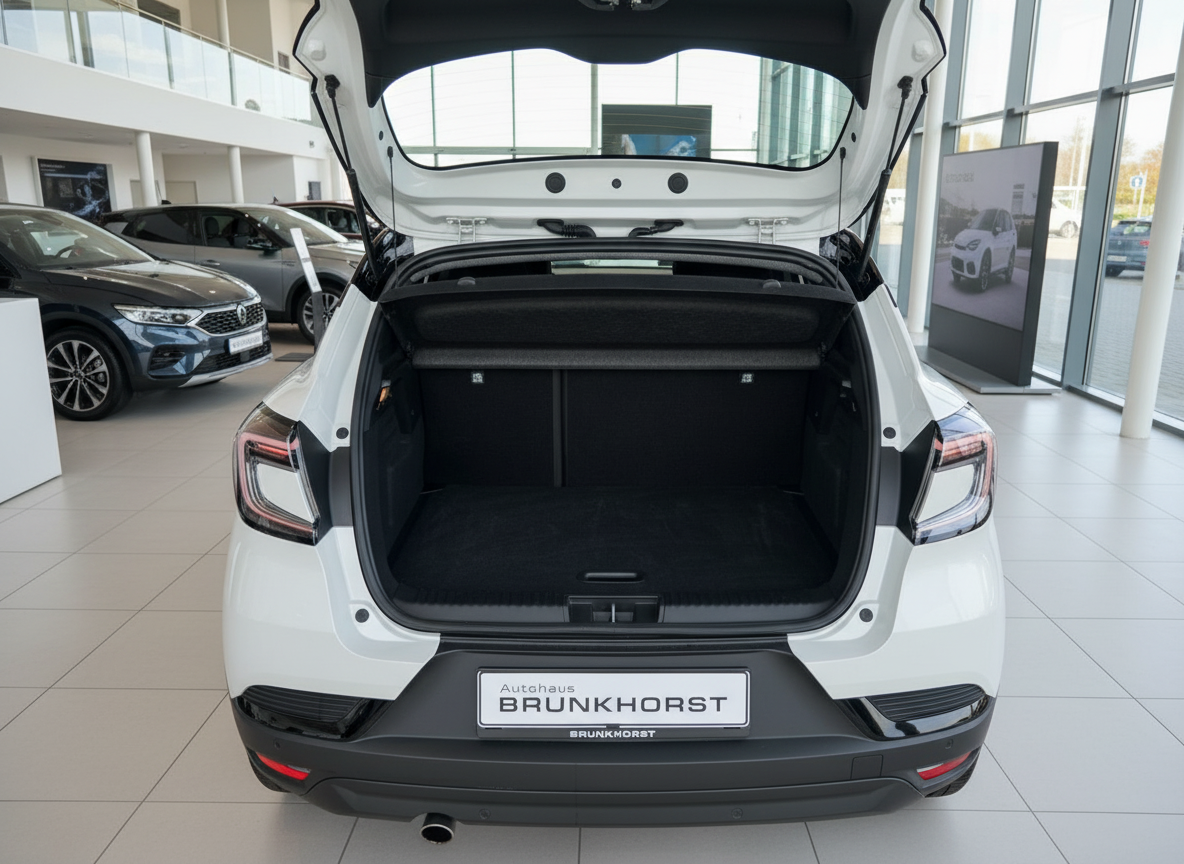 Weißer Crossover SUV mit geöffnetem Kofferraum im Autohaus Brunkhorst Showroom