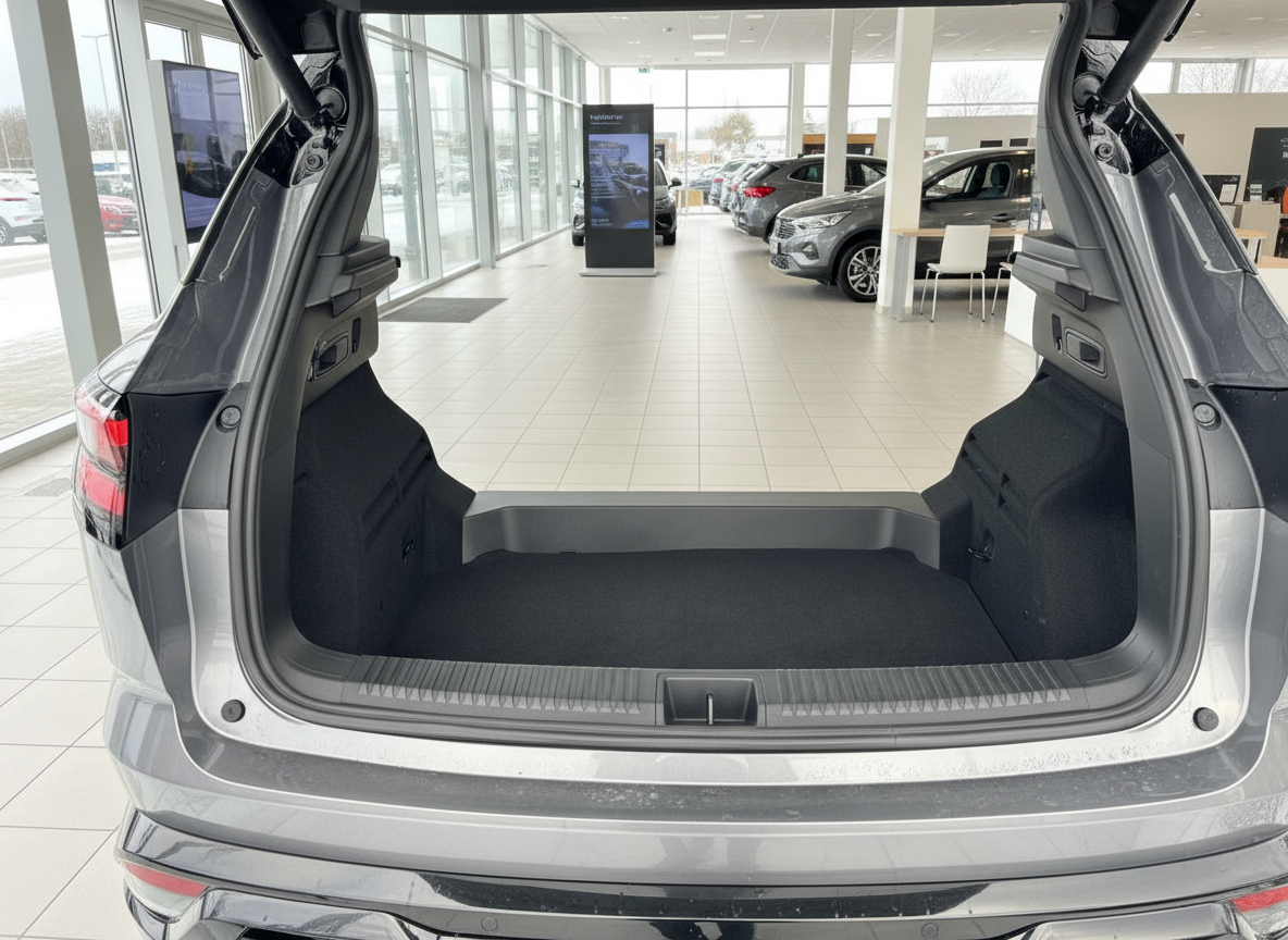 Grauer SUV Kofferraum geöffnet im Autohaus – geräumiger Laderaum mit schwarzer Auskleidung