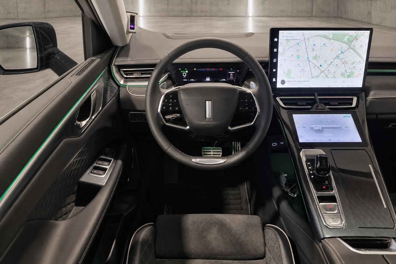 Fahrerbereich mit Lenkrad und Infotainment Display im Lincoln Innenraum