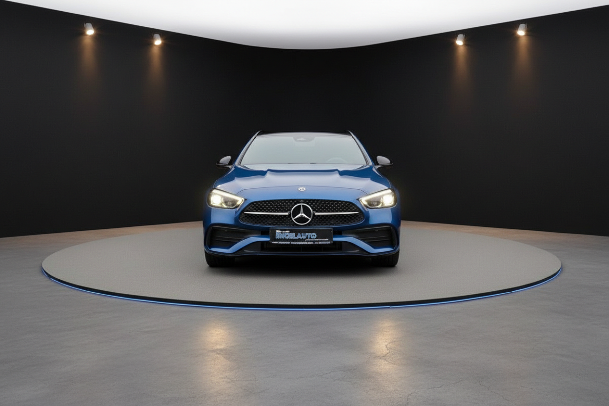 Blauer Mercedes-Benz C-Klasse Frontansicht im Showroom mit AMG-Paket