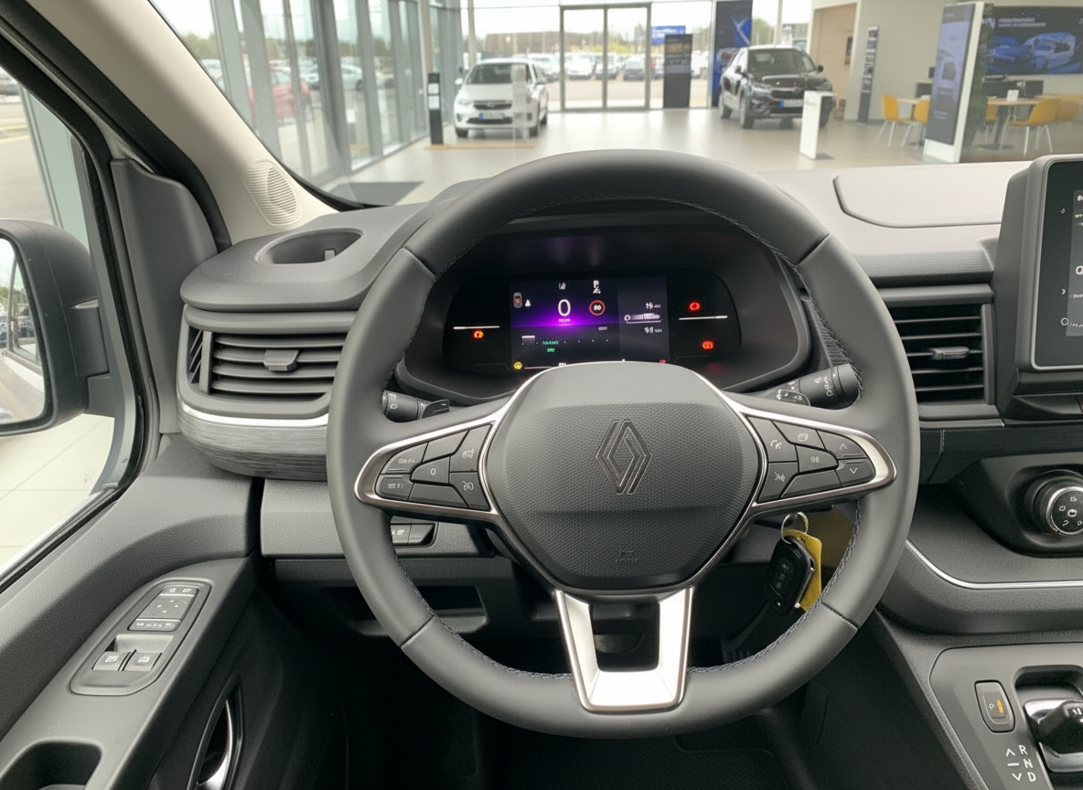 Renault Trafic Innenraum mit Lenkrad, digitalem Cockpit und Infotainmentsystem im Autohaus