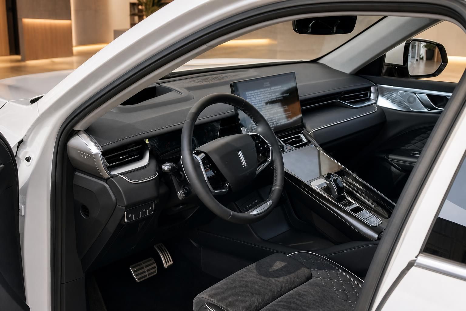 Fahrzeug Innenraum Cockpit mit Lenkrad Touchscreen und Mittelkonsole Lincoln