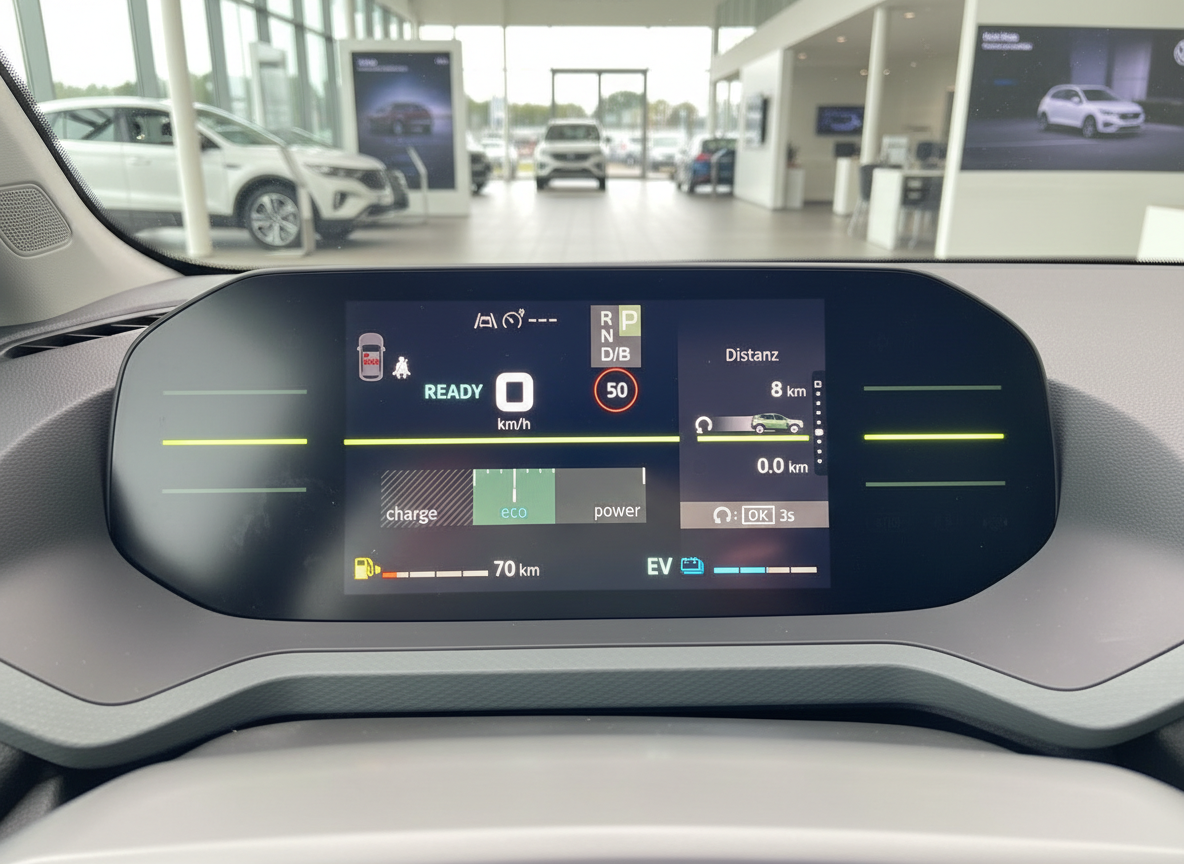 Digitales Kombiinstrument eines Škoda Plug-in-Hybrid mit Anzeige für EV-Modus, Reichweite 70 km und Eco-Modus