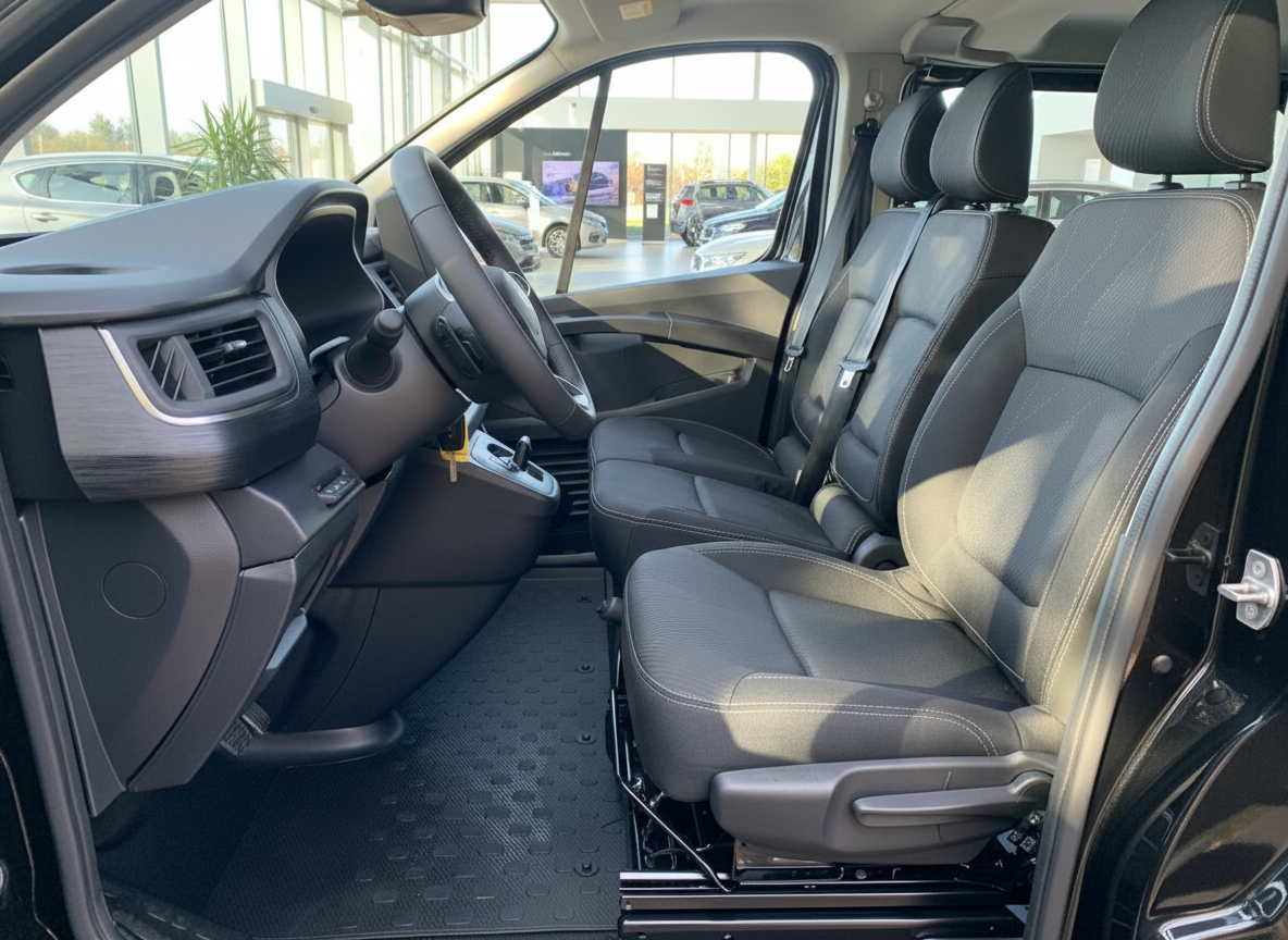 Schwarzes Fahrzeug Innenraum mit Fahrersitz, Lenkrad und Mittelkonsole – modernes Van-Cockpit